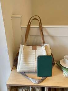 Premium Large Capacity Commuter Tote Bag For Women 2026 New Woven Texture Handbag Fashion Crossbody Shoulder Underarm Bag - Beige - View 4