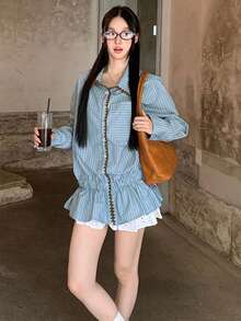 Korean Style Casual Colorblock Striped Long Sleeve Waist-Cinching Blouse Tops (Random Stripes) - Blue - View 3