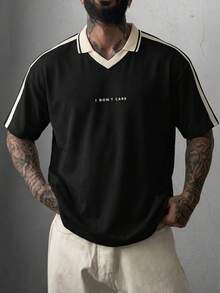Men's Summer Versatile Fashion Contrast Color Minimalist English Letter Print Crew Neck Loose Short Sleeve T-Shirt - Black - View 1