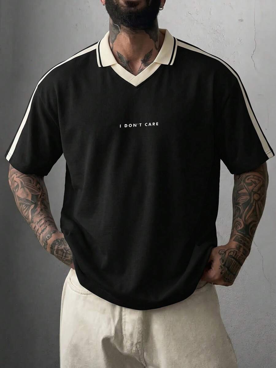 Men's Summer Versatile Fashion Contrast Color Minimalist English Letter Print Crew Neck Loose Short Sleeve T-Shirt - Black - View 1