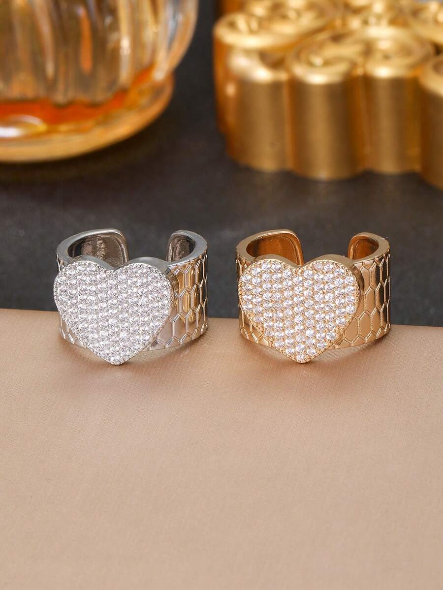 Cincin Manset Terbuka Bertekstur Sarang Lebah, Cincin Pernyataan Lebar Bertabur Berlian Imitasi Bentuk Hati yang Dapat Diatur, Perhiasan Fashion Hadiah untuk Wanita - cincin berbentuk hati - View 1