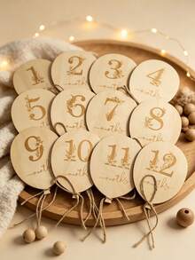 12/6pcs Double-Sided Newborn Milestone Cards, Wooden Birth Announcement Plaques For Recording Baby's Birth Information, Newborn Photography Props, Welcome Baby Gift - Multicolor - View 2