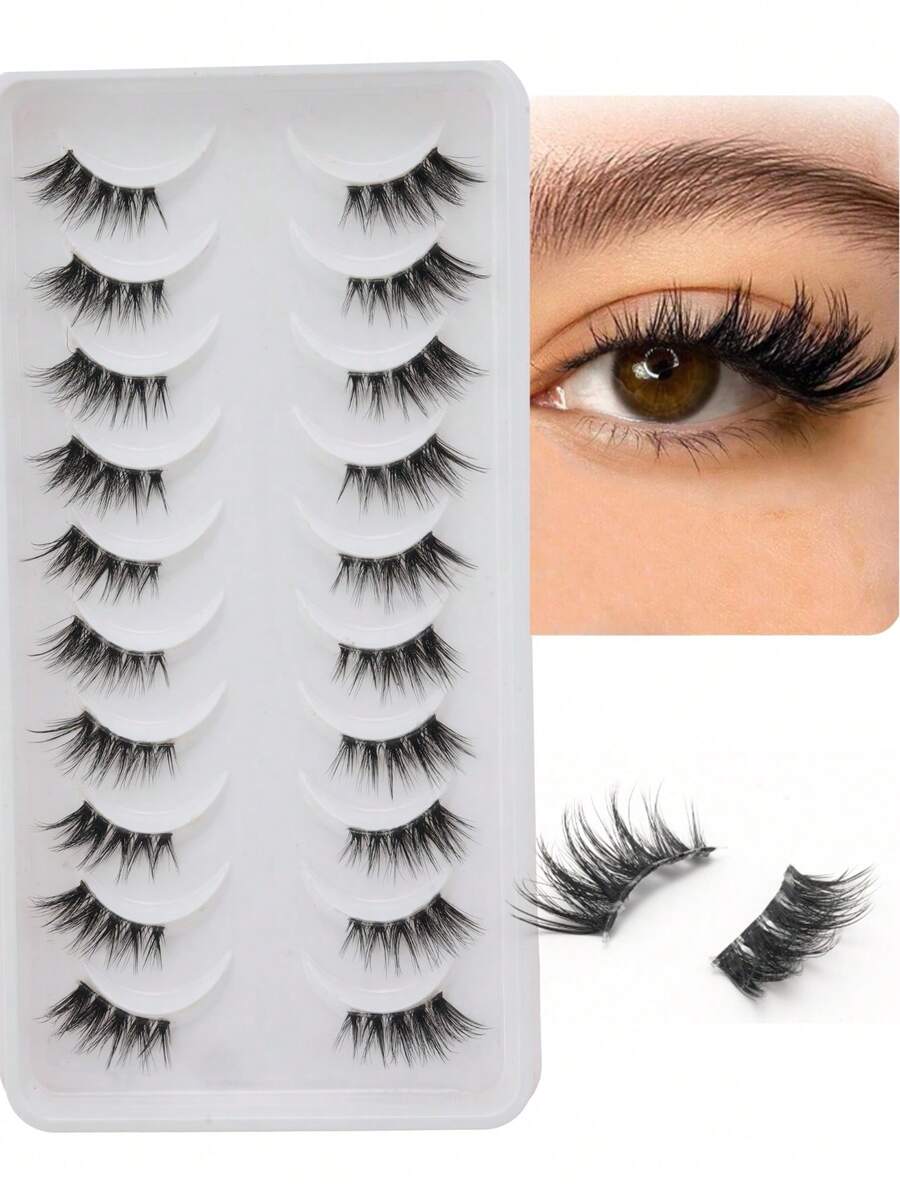 10pcs Natural Half Lash Extensions, Cat Eye Style, Outer Corner Lengthening, Transparent Lash Band, Reusable For Daily Makeup - View 1