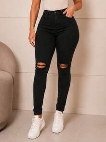 Women's Skinny High-Waisted Jeans With Lycra And Push-Up Effect Basic - 黑淚 - 查看 1
