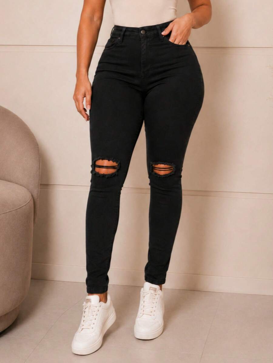 Women's Skinny High-Waisted Jeans With Lycra And Push-Up Effect Basic - 黑淚 - 查看 1