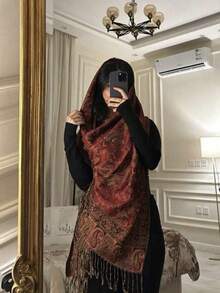 1 pièce Écharpe longue classique populaire à franges et pompons en noix de cajou, style chinois brodé, élégante, protection solaire, foulard pour femmes - Rouge Angola - Voir 2