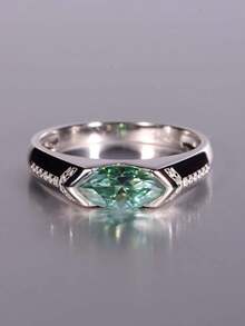 Besthing 1pc Fashion Glamorous S925 Sterling Silver 1CT Moissanite Blue-Green Marquise Couple Matching Wedding Ring, High Quality For Wedding, Daily Wear And Holiday Gift - Multicolor - View 4