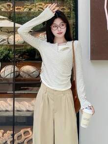 Kaos Lengan Panjang Leher Persegi Bergaris Gaya Korea 2 in 1 untuk Wanita, Ukuran Petite Slim Fit, Atasan Dalaman Pendek untuk Liburan Musim Gugur - Putih - View 7