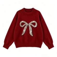 Girls' Red Christmas Cartoon Bow Sweater, Versatile Autumn/Winter Single Piece - Red - View 7