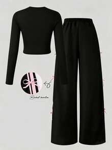 2pcs/Set Teen Letter Print Short Sleeve And Long Pants Set, Bow Ribbon Decor, Gothic, Sweet 16, Pink, Sporty And Casual Wear Y2K Girl Outfit - Black - View 2
