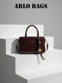 Women's Solid Handbag, Gold Letter Print Front With Braided Rope Dog Ornament Accessory, Lightweight Carry Bag For Cafe Shopping Weekend Strolls - Brown - View 3