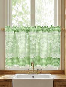 1 Stück blauer Vintage-Landhausstil Kontrast-Spitzen-Strickvorhang, Küchen-Karo-Kurzvorhang, Spitzenbesatz-Halbvorhang, französischer Bauernhaus-Vorhang, Raumdekoration - Blau - Übersicht 9