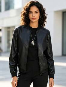 Women's PU Motorcycle Jacket, British Style Cool Leather Jacket, With Zipper Pockets, Outdoor Sports Black Autumn Style - Black - View 1