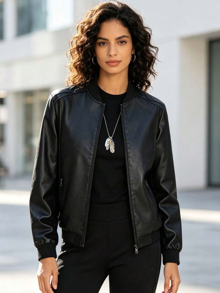 Women's PU Motorcycle Jacket, British Style Cool Leather Jacket, With Zipper Pockets, Outdoor Sports Black Autumn Style - Black - View 1
