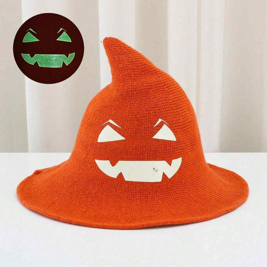 Knitted Witch Hat, Glowing Pumpkin Face Wide Brim Pointed Witch Hat, Halloween Cosplay Party Holiday Costume Accessory - Glow-in-the-dark Pumpkin - View 1