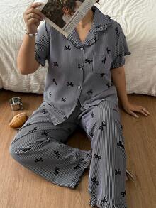 Sweet Bow & Heart Print Soft Pajama Set For Women, Short Sleeve Button Collar Cropped Top With Shorts, Soft Skin-Friendly Loungewear, Loose Slimming Fit, Machine Washable & Easy Care, Simple Versatile Style For Home & Casual Wear, Suitable For Daily Outings - Multicolor - View 5