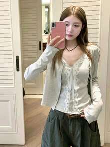 女款蕾絲拼接細肩帶背心上衣與長袖開襟衫休閒日常套裝，優雅風格 - 灰色 - 查看 1