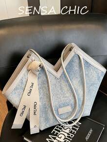 Light Blue Textured Fabric V-Shape Tote Bag, Silver Trim Curved Handle Shoulder Bag With Letter Printed Ribbon Decor - Blue - View 2