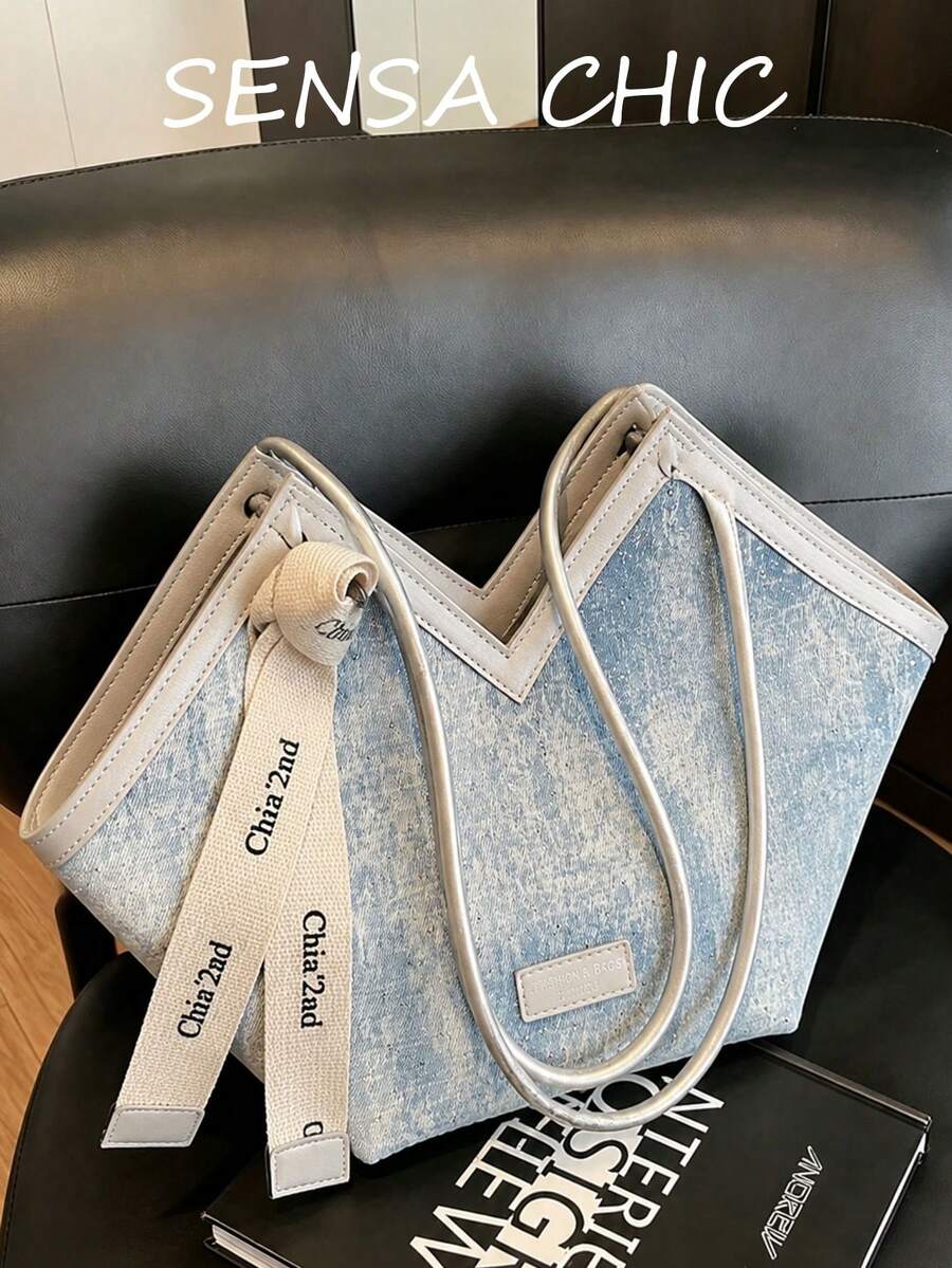 Light Blue Textured Fabric V-Shape Tote Bag, Silver Trim Curved Handle Shoulder Bag With Letter Printed Ribbon Decor