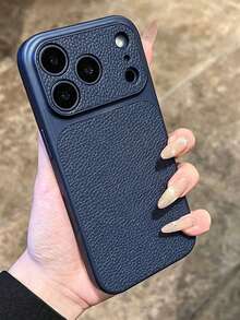 Fashion Lychee Pattern Large Window Phone Case Compatible With Iphone 17 Pro Max, 17 Pro, 16 Pro Max, 15, 14 Pro, 13, 12 Pro, 17 Camera Protection Matte Soft Edge Anti-Fall Protective Cover - Dark Blue - View 1