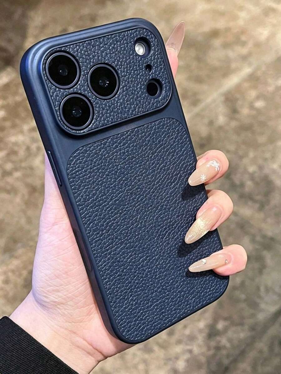Fashion Lychee Pattern Large Window Phone Case Compatible With Iphone 17 Pro Max, 17 Pro, 16 Pro Max, 15, 14 Pro, 13, 12 Pro, 17 Camera Protection Matte Soft Edge Anti-Fall Protective Cover - Dark Blue - View 1