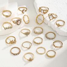20 Pieces/Set Bohemian Style Rhinestone Decorated Rings, Including Leaf, Butterfly And Various Shapes, Suitable For Women To Wear, Applicable To Summer - Gold - View 4