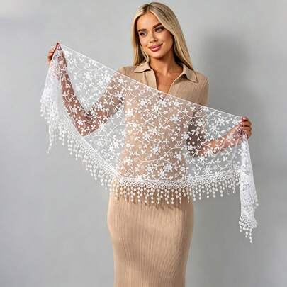 Women's Solid Color Spring/Summer Lace Print Tassel Triangle Scarf Shawl, Casual Versatile, Halloween