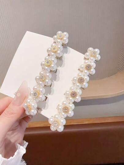 12pcs Elegant Pearl Rhinestone Flower Hair Clips Sweet Decor Barrettes For Girls Daily Wear (No Cardboard Pack)