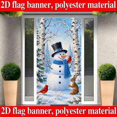 2D Flat 1 Piece Of Winter Christmas Snowman Theme Banner Background. The Design Includes Winter Scenery, Birch Trees, Red Birds And Rabbits. It Is Made Of Polyester Material And Does Not Require Power Supply.