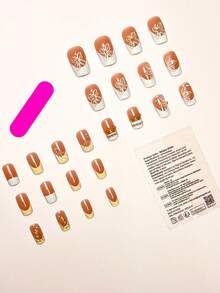 Transform Your Nails, 24pcs/Set Medium-Long Square Sweet Gentle Yellow & White French Gold Line With 3D Embossed Resin Flower, Gold Chain & Pearl Decor Press-On False Nails, Includes 1pc Jelly Glue And 1pc Nail File, Suitable For Daily Wear, Weddings, Parties And Holidays - Multicolor - View 3