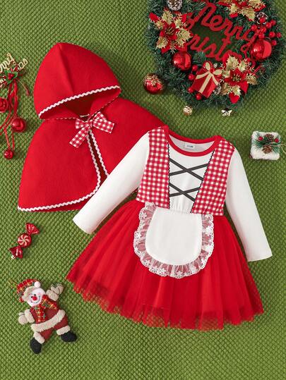 Conjunto de capa de Caperucita Roja y vestido a cuadros para niña bebé