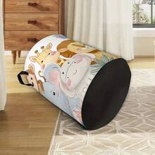A Cute Wildlife Patterned Laundry Basket, Cartoon Elephant, Lion, And Giraffe Storage Bin With Handles, Organizer For Clothes And Home Decor - Multicolor - View 3