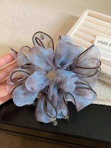 1pc Gray Blue Mesh Flower Pendant Hair Scrunchie, Soft Fairy Fluffy Large Hair Tie For High Ponytail Bun, Spring Summer Commute Date Hair Accessory - Multicolor - View 7