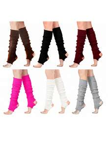 Women's Ribbed Stirrup Leg Warmers, Open Heel Knit Calf Sleeves With Lettuce Edge Trim, Stretchy Dance Warmers For Ballet, Y2K Street Style & Cozy Out - Multicolor - View 4
