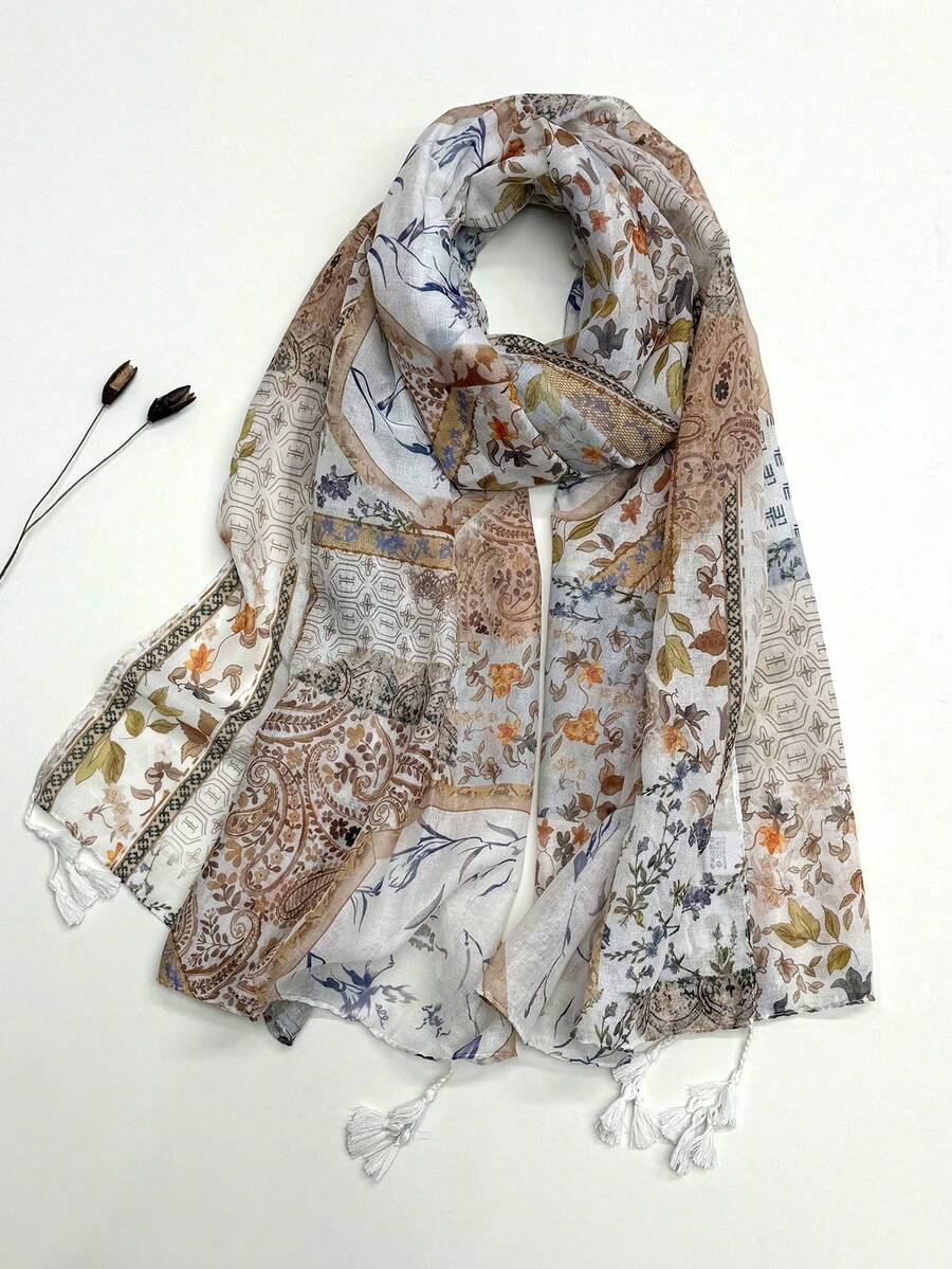 1pc Simple Printed Women's Scarf, Fashionable New Style Sun Protection Beach Shawl, Linen Feel Silk Scarf For Women - Multicolor - View 1