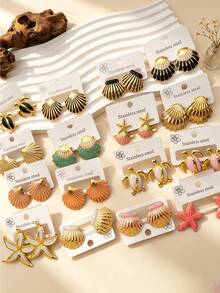 Women's Stainless Steel Earrings Set (12 Pairs) - Assorted Styles (Shell & Flower) - Fashionable Everyday Accessories - Multicolor - View 4