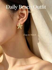 1 Set (2 Pairs/5 Pairs) Stainless Steel Shell & Starfish Shaped Beach Style Earrings, Suitable For Women To Wear At Parties Or Beach Vacations, Also As A Holiday Gift For Her - Gold - View 4