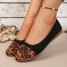 Black & Brown Leopard Print Patchwork Round Toe Flat Ballet Shoes, Contrast Color Low Vamp Retro Chic Versatile Slouchy Commuter Office Driving Loafers - Black - View 4