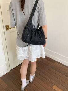 Minimalist Star Pattern Underarm Bag, Ruched Fabric Side Waist Design, Adjustable Shoulder Strap, Large Capacity, Suitable For Weekend Outings, Daily Errands, Street Style - Black - View 7