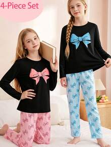 4pcs Girls Pajama Set, Elegant & Fashionable, Casual & Comfortable. The Set Includes 1 Black Long Sleeve Top With Bow Decor, 1 Bow Print Long Pants, And A Bow Decor Pajama Set, Suitable For Children And Girls To Wear At Home In Spring, Summer, Autumn And Winter. - Multicolor - View 3