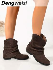 Dark Brown Chunky Heel Low Heel Round Toe Slip-On Comfortable Versatile Punk European American Office Commute Daily Vacation Street Fashion Women's Boots - Coffee Brown - View 4
