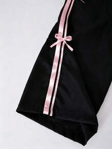 2pcs/Set Teen Letter Print Short Sleeve And Long Pants Set, Bow Ribbon Decor, Gothic, Sweet 16, Pink, Sporty And Casual Wear Y2K Girl Outfit - Black - View 4