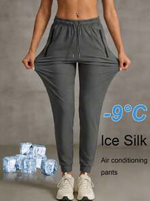 Women's Summer Ice Silk Breathable Running Pants, Quick-Dry Lightweight Sports Trousers With Zipper Pockets & Elastic Waistband For Fitness & Jogging Spring - Grey - View 1
