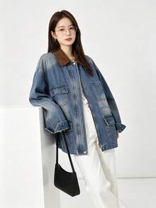 Brown American Retro Maillard Style Versatile Denim Jacket Zip-Up Top For College Office Daily Wear Spring Autumn - Blue - View 8