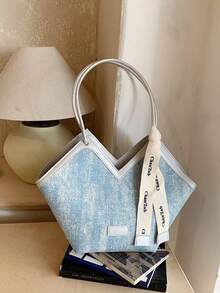 Light Blue Textured Fabric V-Shape Tote Bag, Silver Trim Curved Handle Shoulder Bag With Letter Printed Ribbon Decor - Blue - View 5