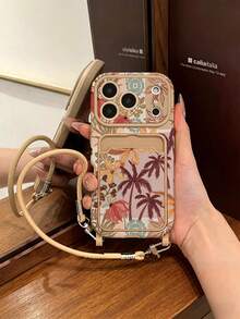 1pc Card Holder Lanyard Coconut Tree Painted Pattern PU Leather Classic Anti-Drop Soft Card Slot Short Lanyard Phone Case Compatible With Apple 17Pro/17/Air/17Promax/11/12/13/14/16 Pro Max/16 Pro/15 Series Lens Protection, Holiday Gift - Multicolor - View 1