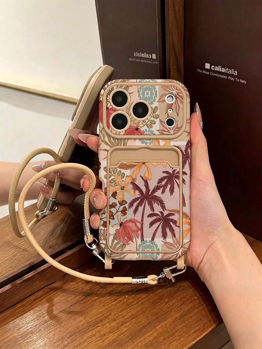 1pc Card Holder Lanyard Coconut Tree Painted Pattern PU Leather Classic Anti-Drop Soft Card Slot Short Lanyard Phone Case Compatible With Apple 17Pro/17/Air/17Promax/11/12/13/14/16 Pro Max/16 Pro/15 Series Lens Protection, Holiday Gift - Multicolor - View 1