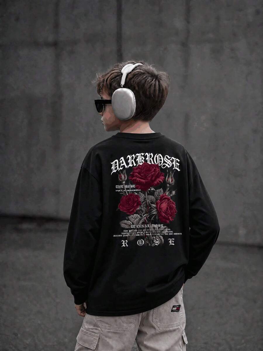 1pc Tween Boys Cool Long Sleeve Top, Dark Red Rose DARK ROSE Gothic Letter Print Crew Neck Loose Pullover, Spring/Autumn Children's Clothing - Black - View 1