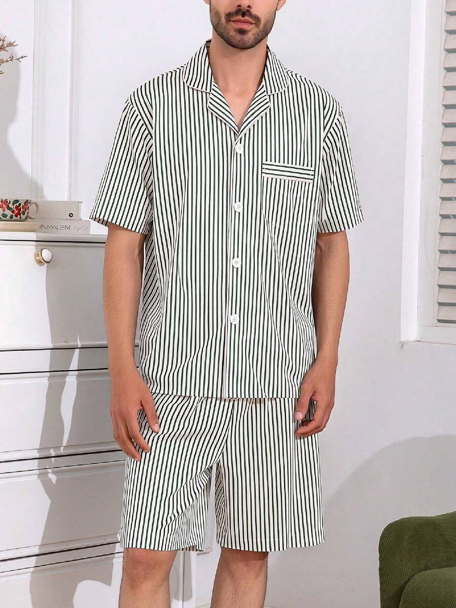 男士夏季睡衣套裝,短袖上衣與短褲,條紋印花,2件式居家休閒服 - 彩色 - 查看 1