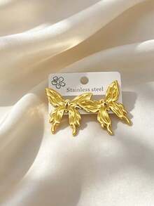 Vintage Stainless Steel Stud Earrings, Butterfly, Heart, Leaf, Shell Geometric Shapes, Hypoallergenic Non-Fading French Minimalist Women's Heavy-Duty Accessories - Gold - View 3